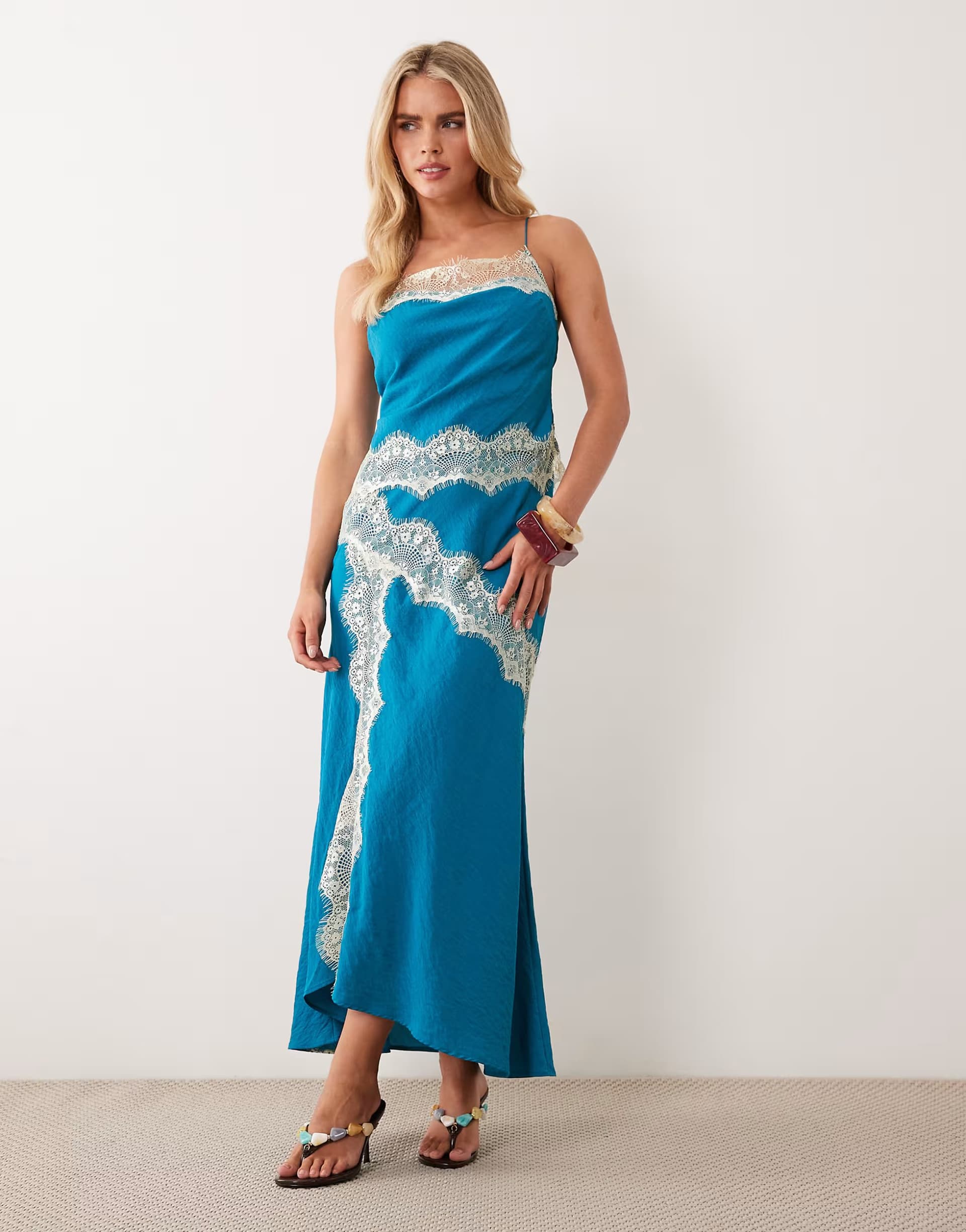 ASOS ASOS DESIGN Petite overlay lace trim midaxi dress with back detail in teal