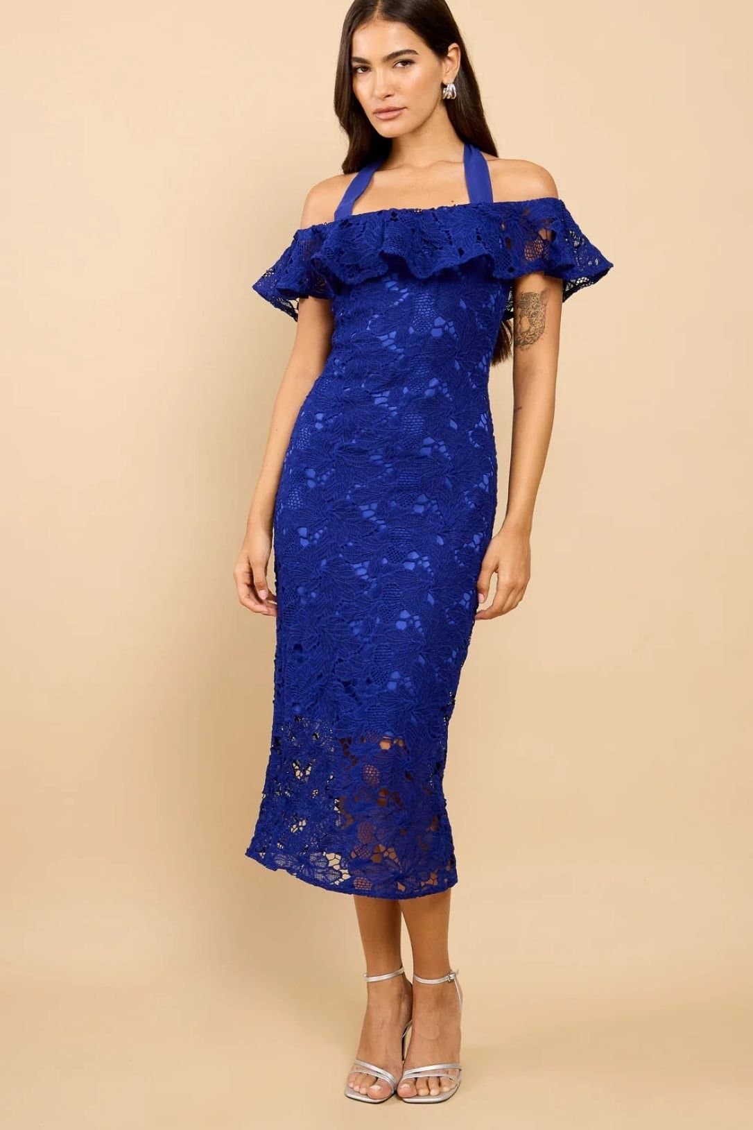 Little Mistress Little Mistress Women's Blue Crochet Bardot Midaxi Dress