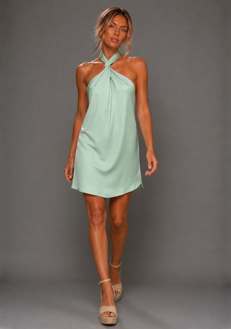 Vesper Mint Green Paisley Print Halterneck Midi Dress