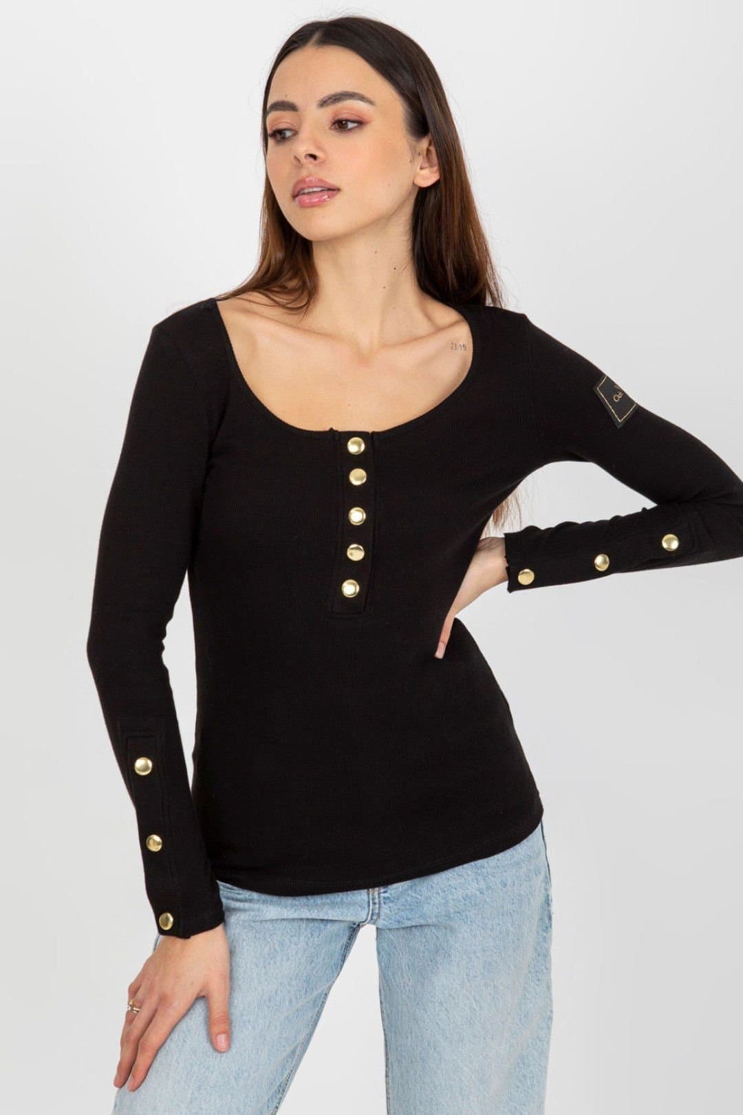 Love Lace Love Lace Black Fitted Long Sleeve Round Neck Blouse