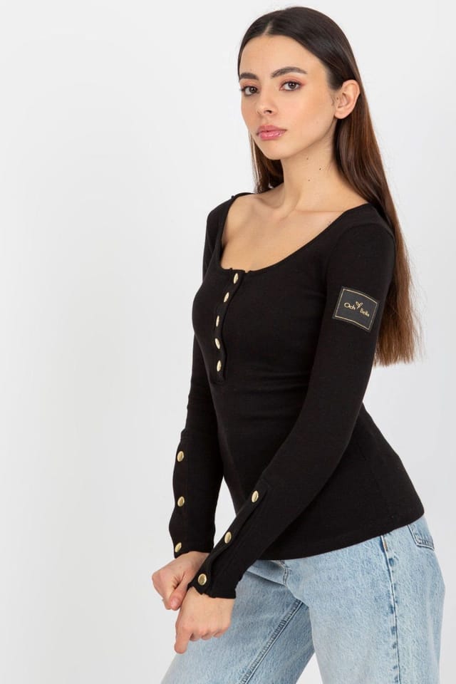 Love Lace Love Lace Women's Fitted Long Sleeve Round Neck Press Stud Blouse in Black - 2