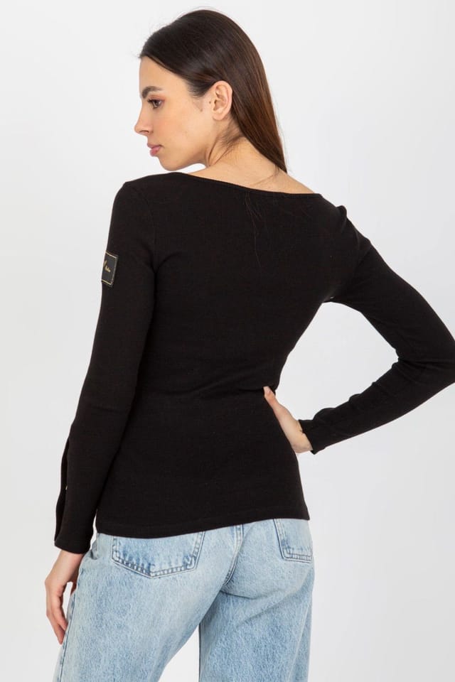 Love Lace Love Lace Women's Fitted Long Sleeve Round Neck Press Stud Blouse in Black - 3