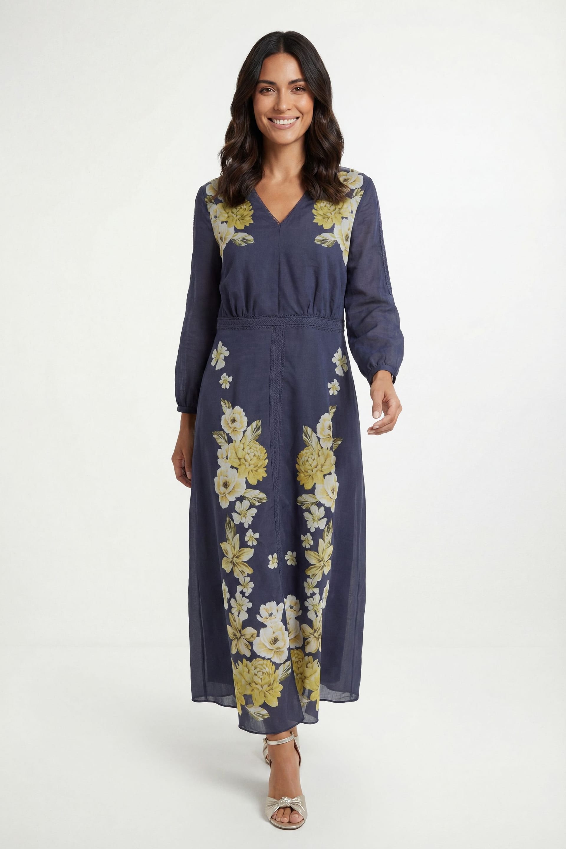 Wallis Navy Floral Lace Trim Midi Dress