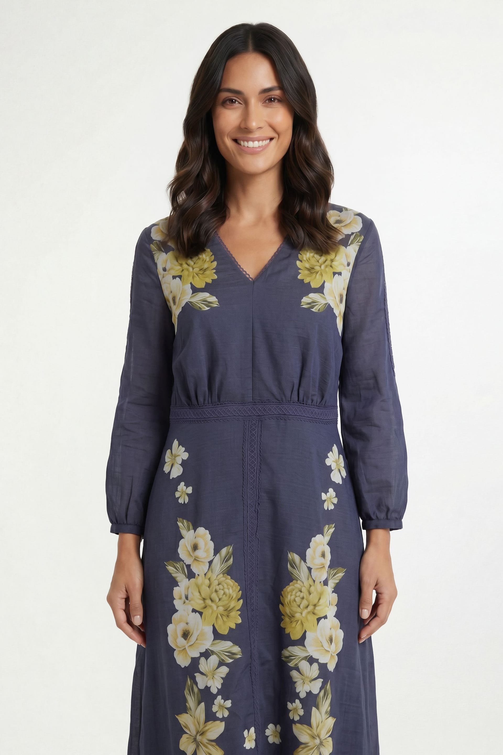 Wallis Wallis Women's Floral Lace Trim Midi Dress in Navy - 4