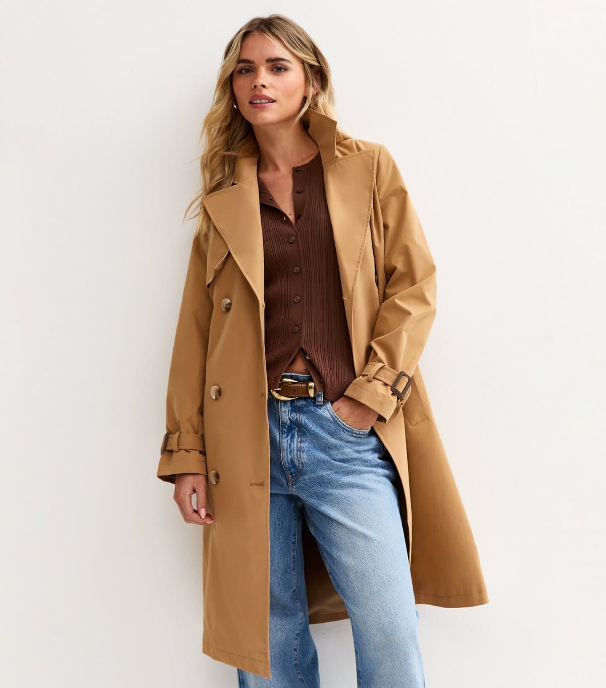 New Look Women's Petite Tan Double Breasted Belted Mac Jacket New Look