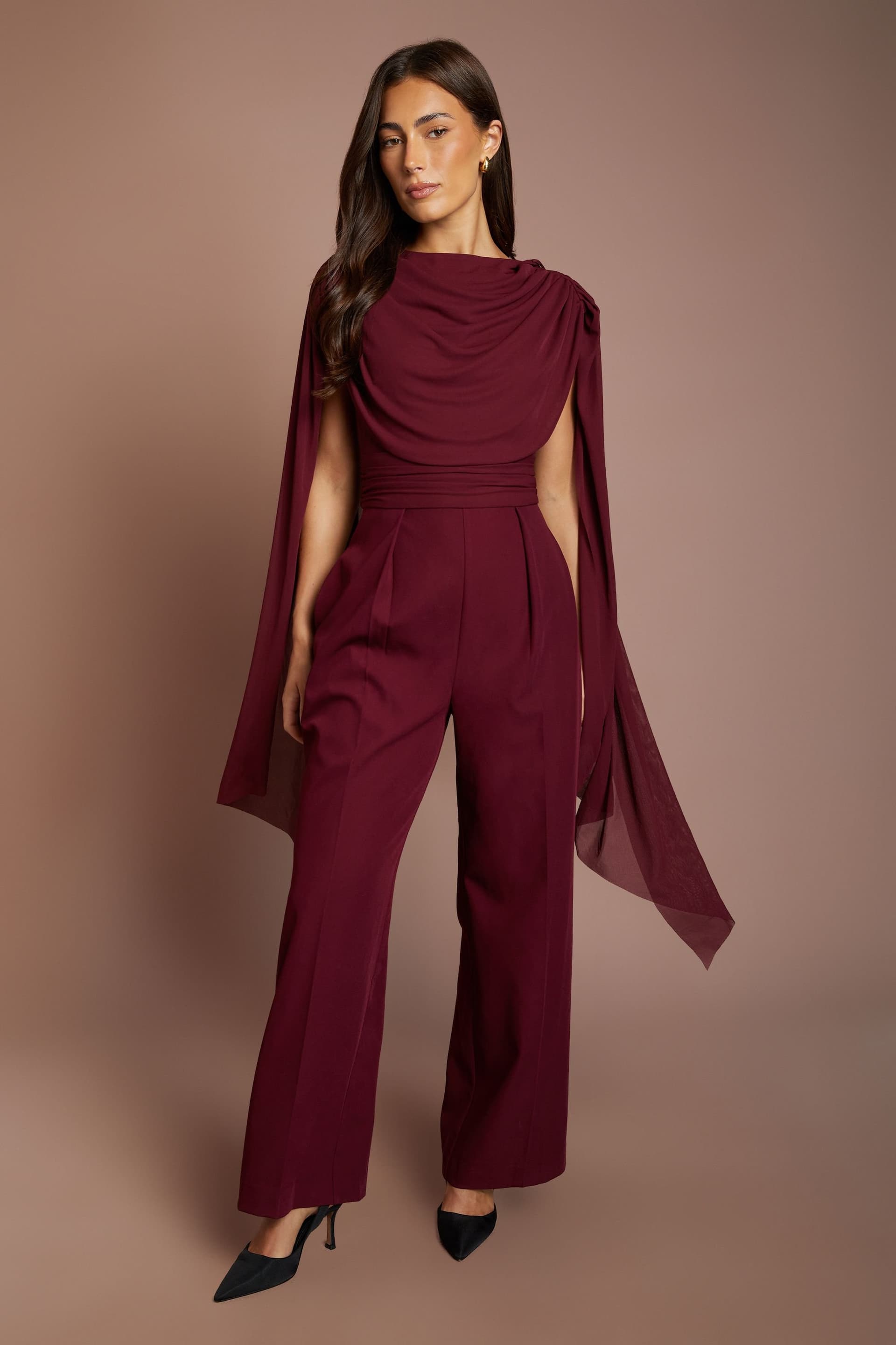 Coast Coast Women's Cape Sleeve & Overlay Jumpsuit in Burgundy