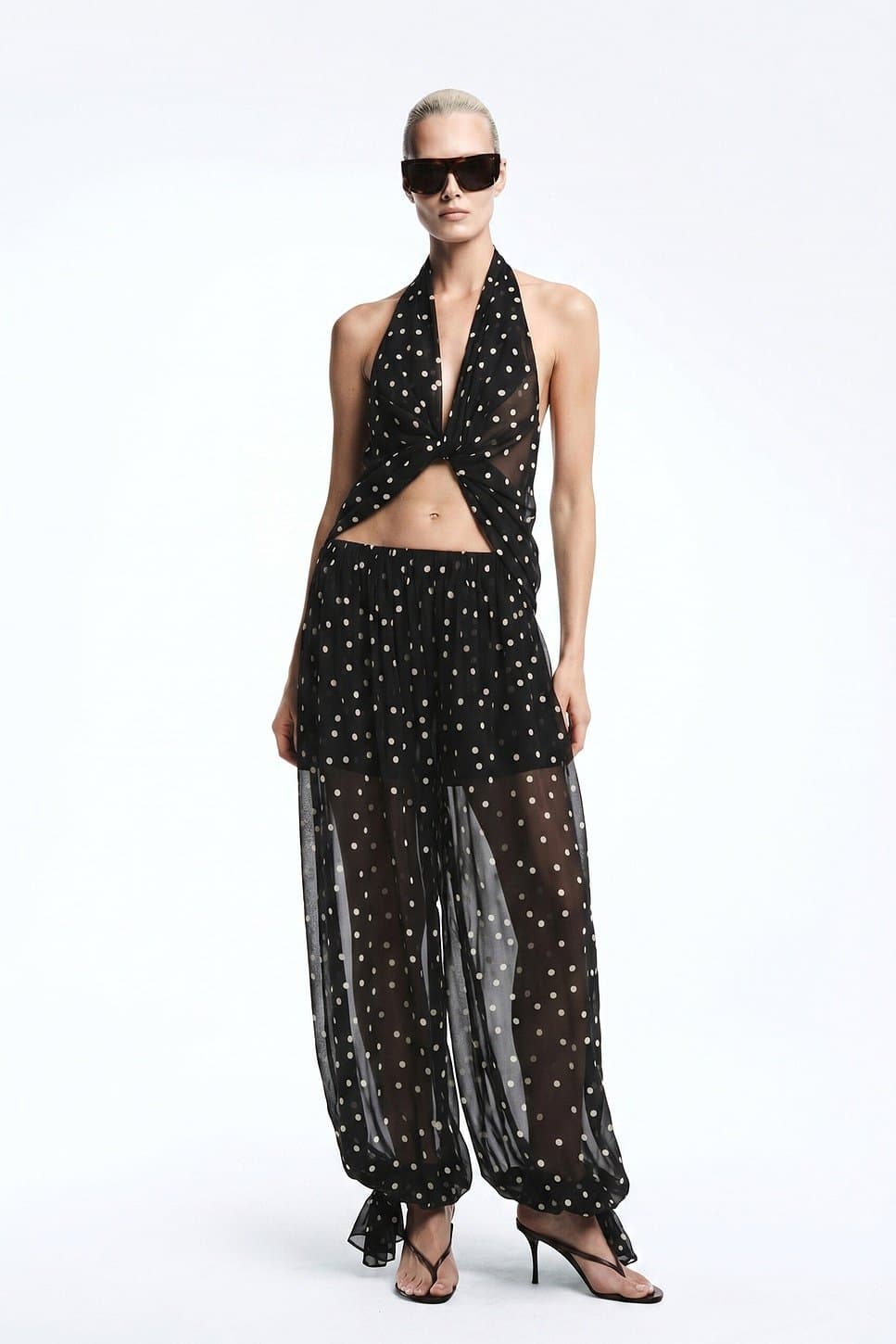 revolve Revolve Black & White Dot Georgette Silk Halter Top