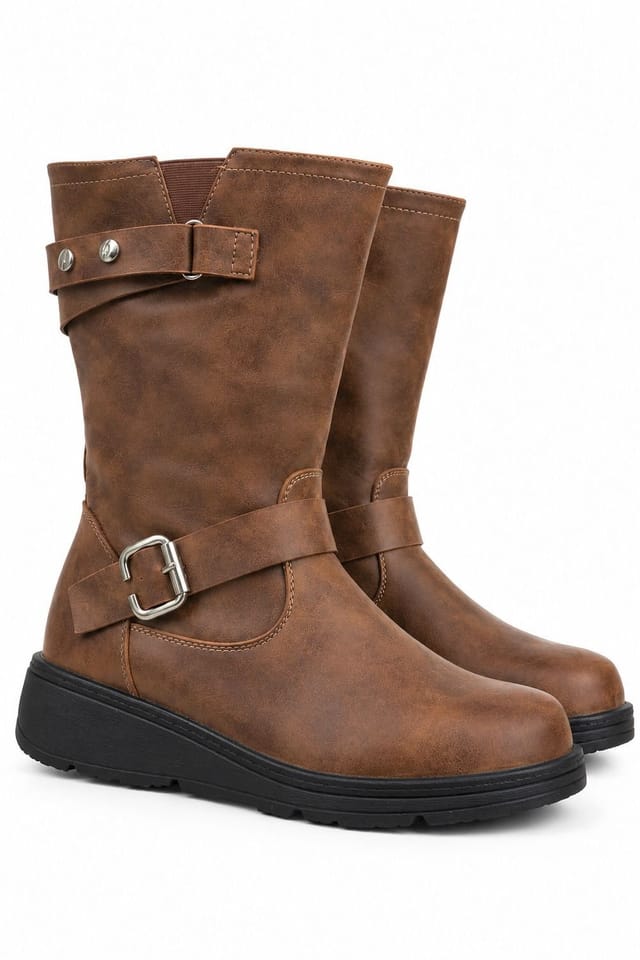 Down To Earth Down To Earth Women's Wide Fit Mid Calf Buckle Detail Biker Boots in Tan - 2