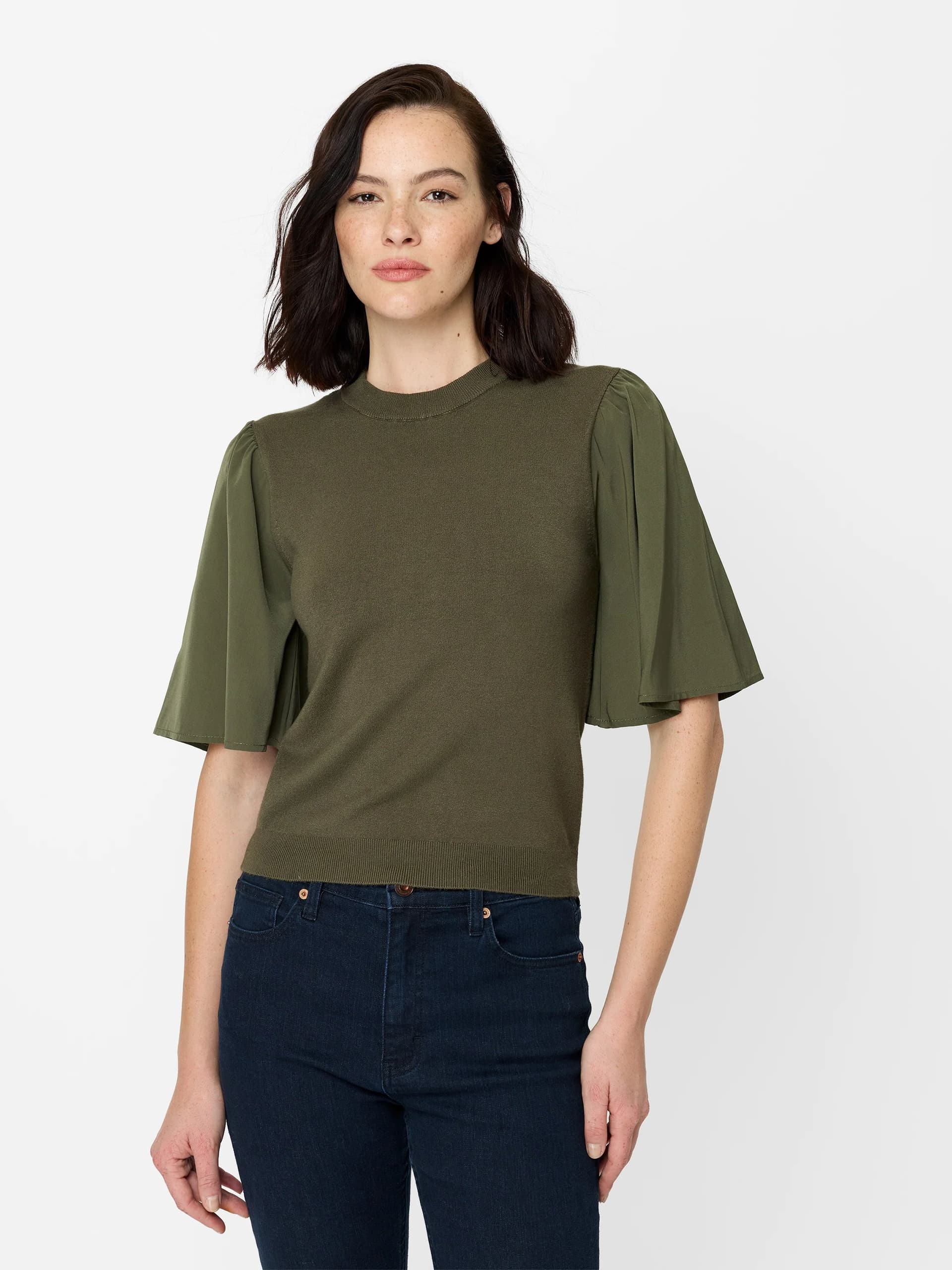 French Connection Krista Khaki Green Knit Flutter Sleeve Top Khaki