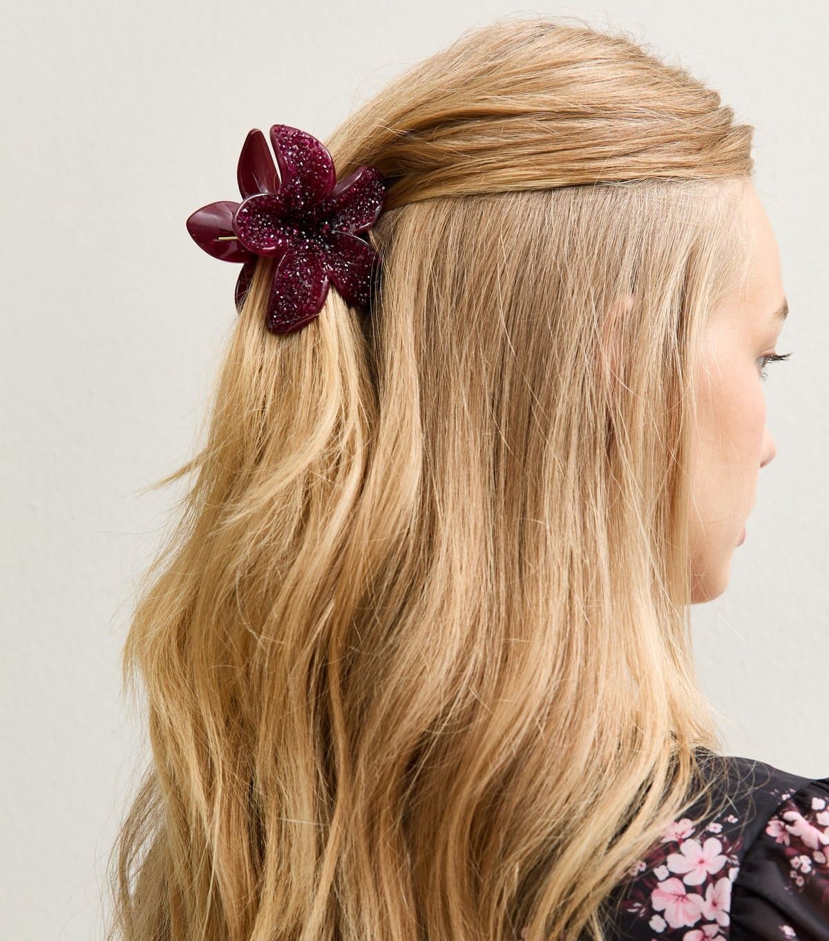 New Look Dark Burgundy Gem Embellished Tropical Flower Hair Claw Clip New Look