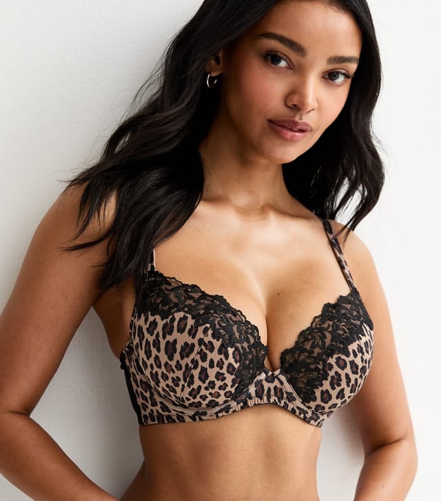 New Look Women's Brown DD+ Leopard Print Embroidered Trim Plunge Bra New Look - 3