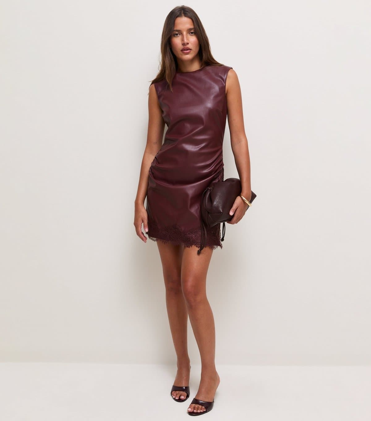 New Look Women's Dark Burgundy Faux Leather Sleeveless Lace Trim Mini Dress New Look