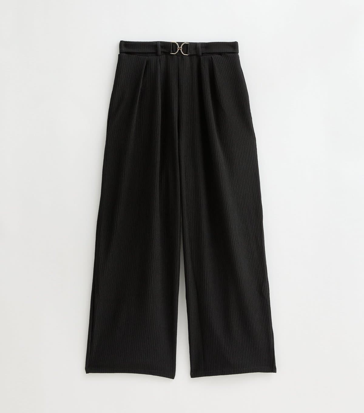 New Look Women's Petite Black Belted Crinkle Texture Wide Leg Trousers New Look