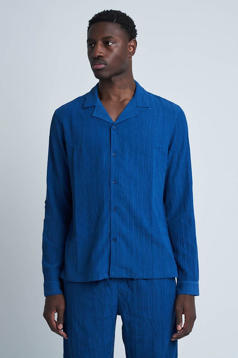 Native Youth Native Youth Men's Crinkle Textured Revere Collar Button Long Sleeve Shirt in Blue