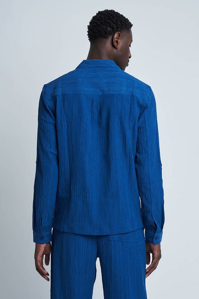 Native Youth Native Youth Men's Crinkle Textured Revere Collar Button Long Sleeve Shirt in Blue - 2