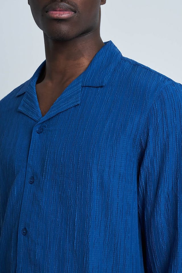 Native Youth Native Youth Men's Crinkle Textured Revere Collar Button Long Sleeve Shirt in Blue - 3