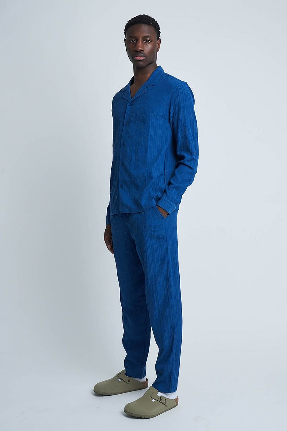 Native Youth Native Youth Men's Crinkle Textured Revere Collar Button Long Sleeve Shirt in Blue - 4