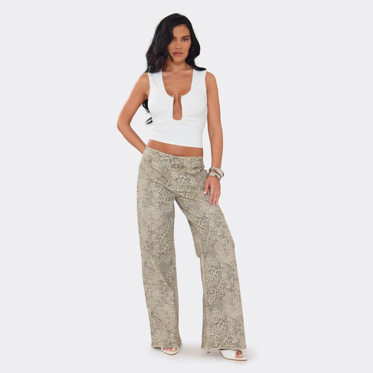EGO Mid Rise Wide Leg Jeans In Leopard Print Denim, Women's Size UK 6 - 1