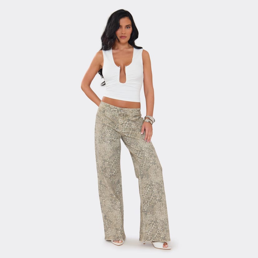 EGO Mid Rise Wide Leg Jeans In Leopard Print Denim, Women's Size UK 6 - 1