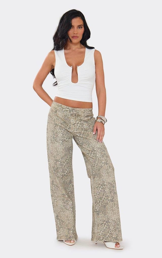 EGO Mid Rise Wide Leg Jeans In Leopard Print Denim, Women's Size UK 6 - 2