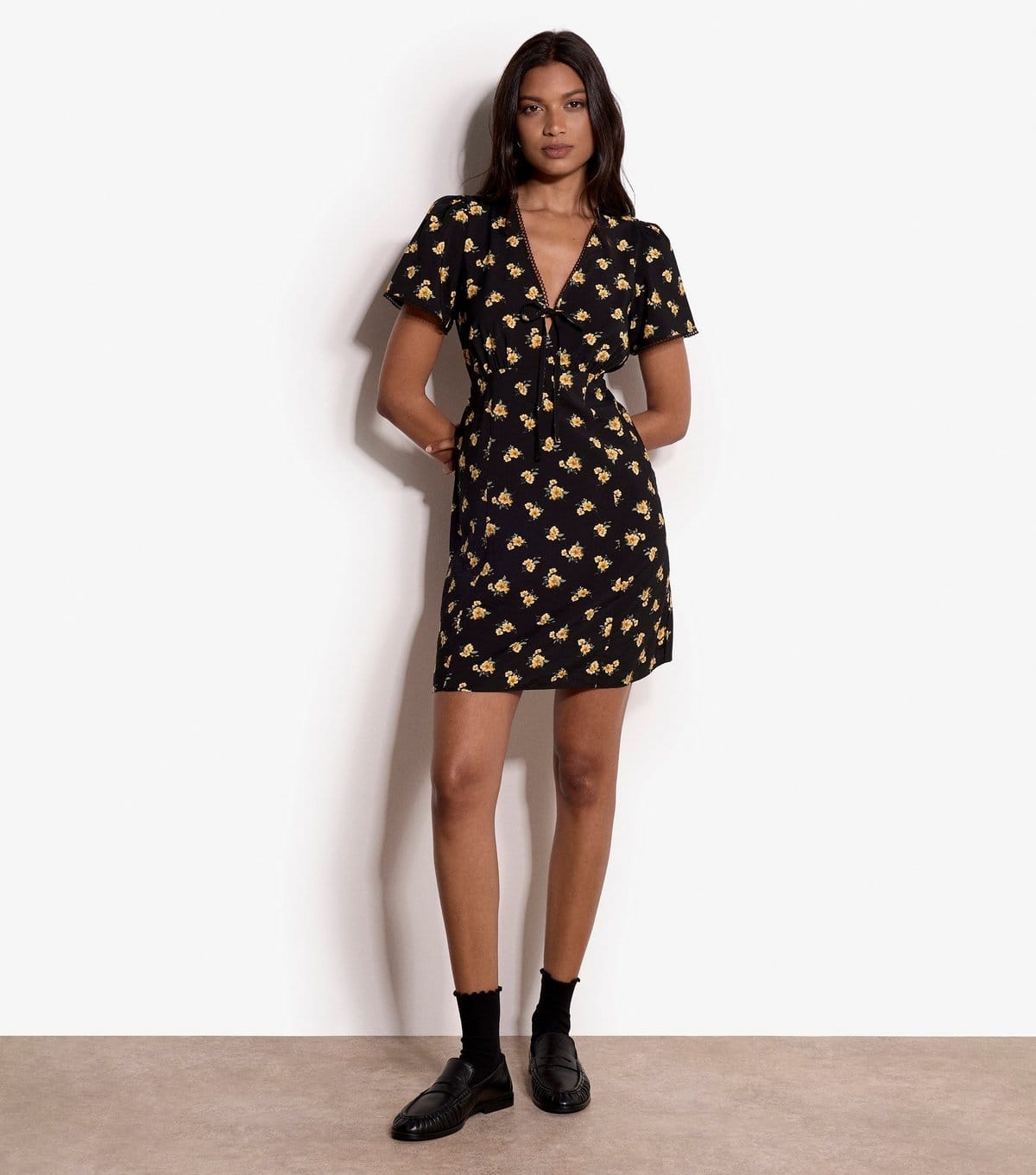 Apricot Black Floral V-Neck Short Dress