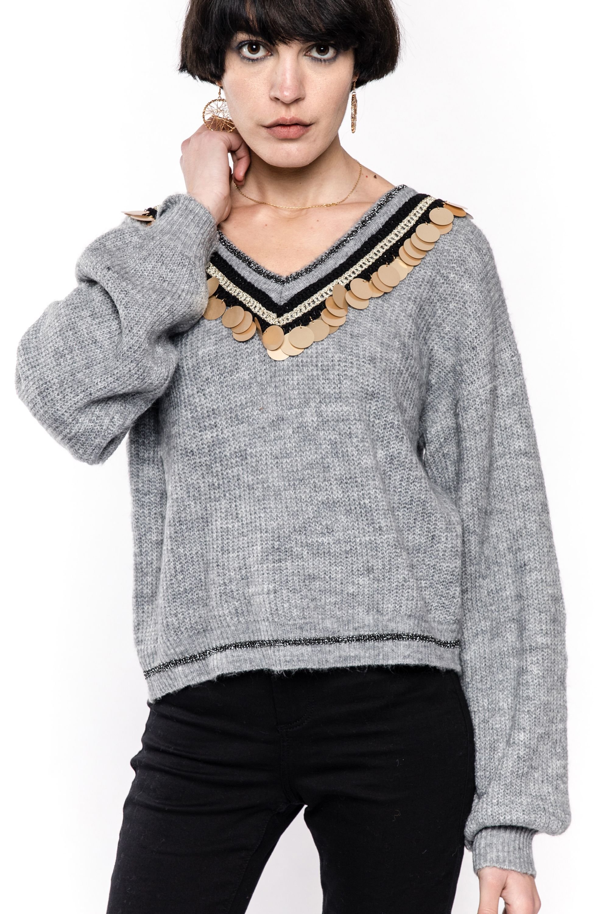 CY CY Women's Balloon Sleeve Jumper With Sequin Trim Neckline in Grey - 2