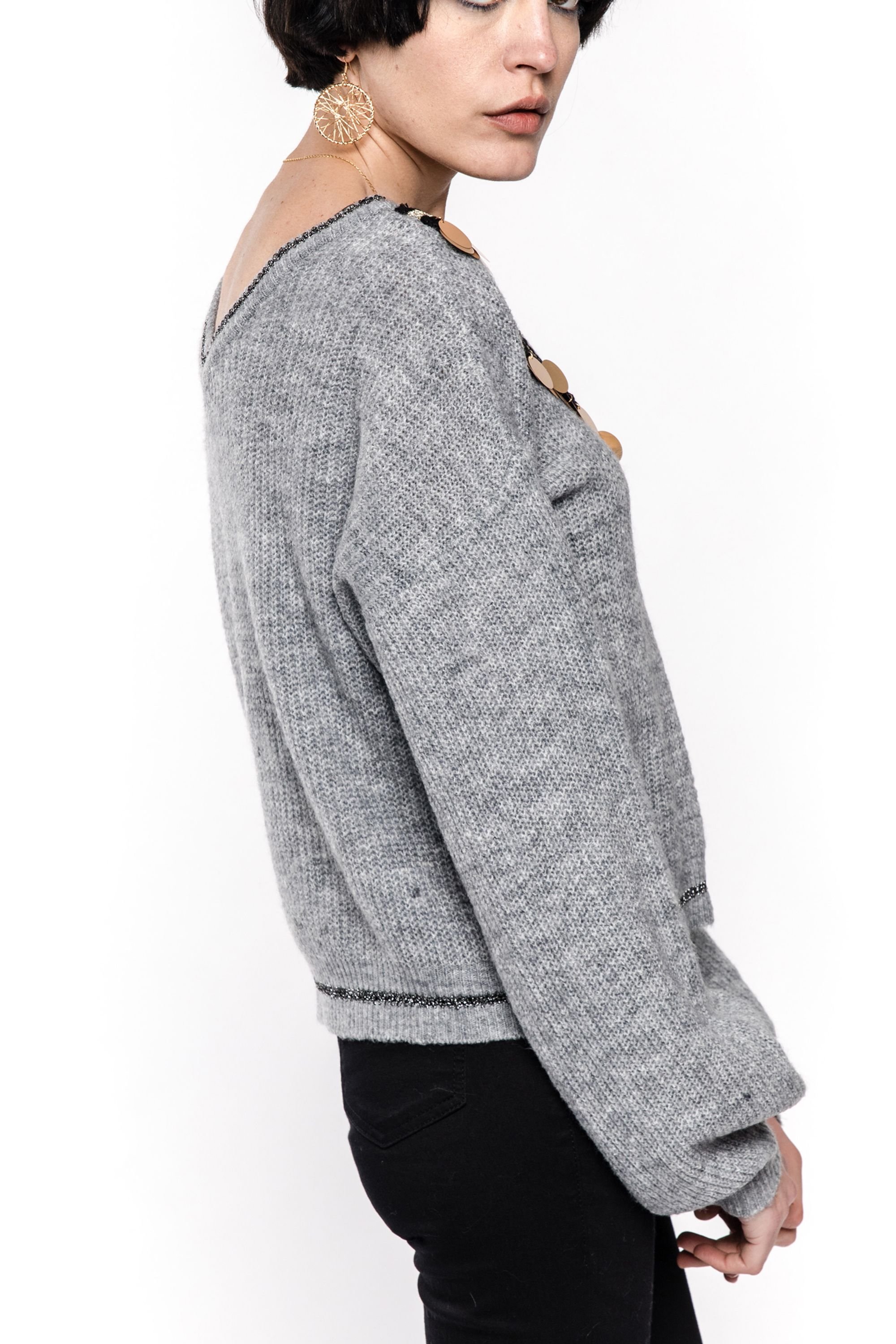 CY CY Women's Balloon Sleeve Jumper With Sequin Trim Neckline in Grey - 3