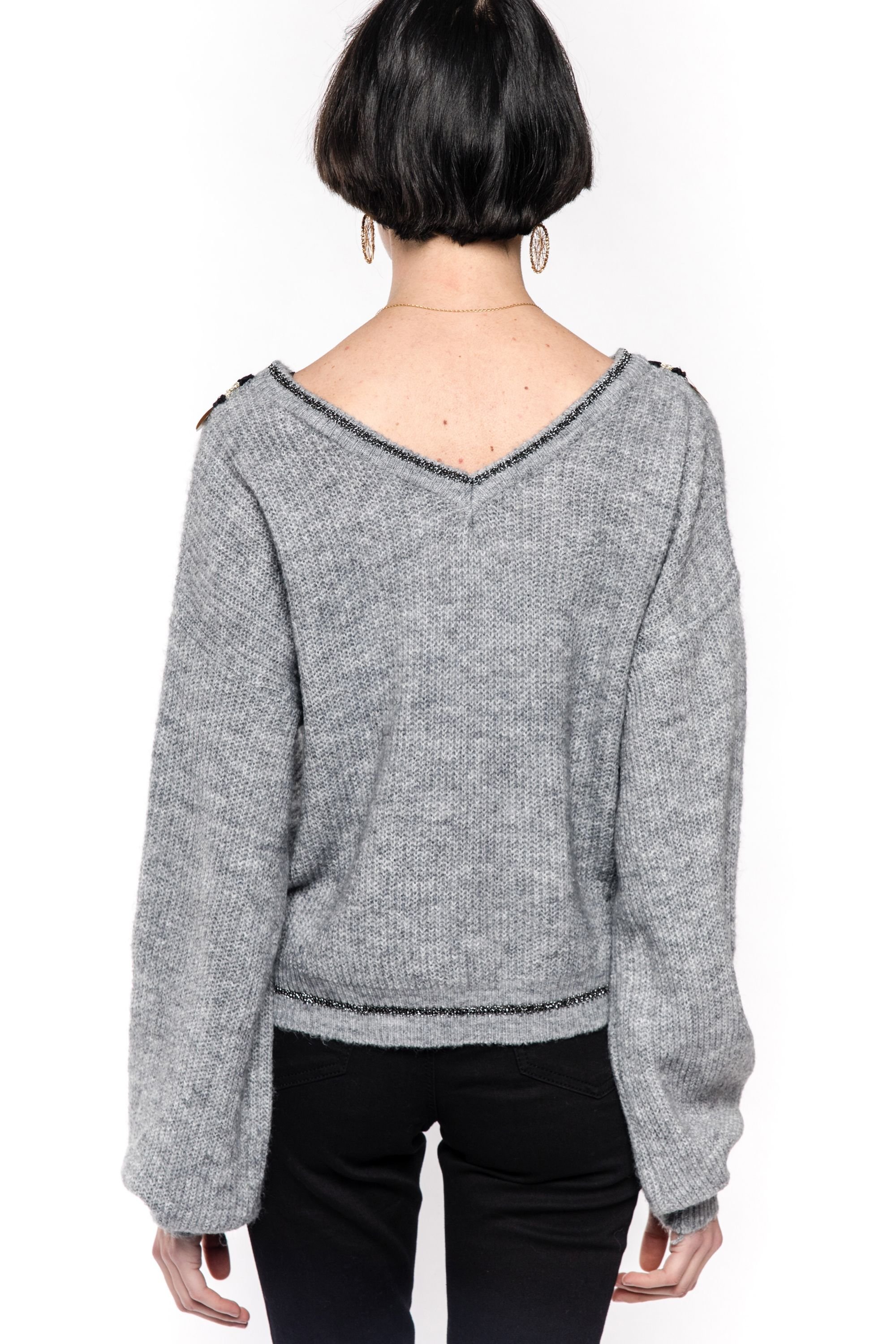 CY CY Women's Balloon Sleeve Jumper With Sequin Trim Neckline in Grey - 4