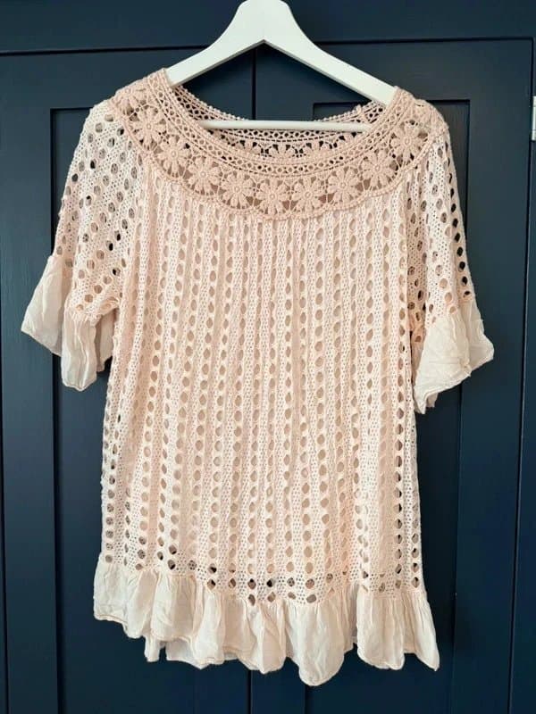 M-Made in Italy Made In Italy Pink Crochet Top Blush Nude Floral Lace Ruffle Lined UK 14-20