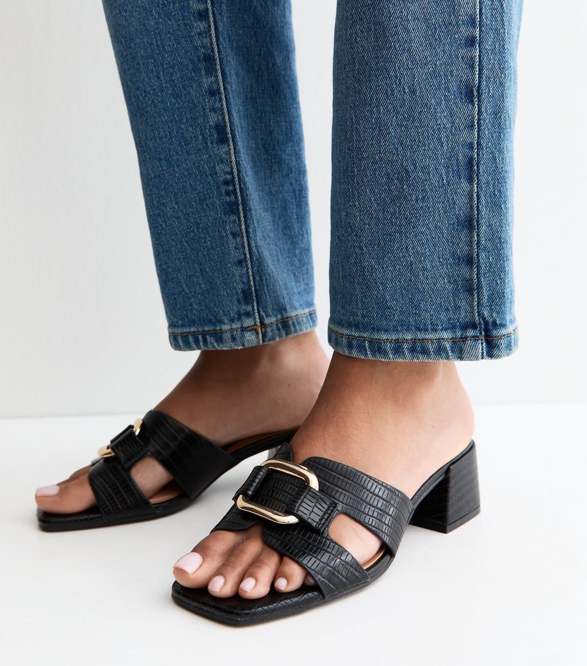 New Look Women's Black Faux Leather Square Toe Block Heel Mule Sandals Vegan New Look