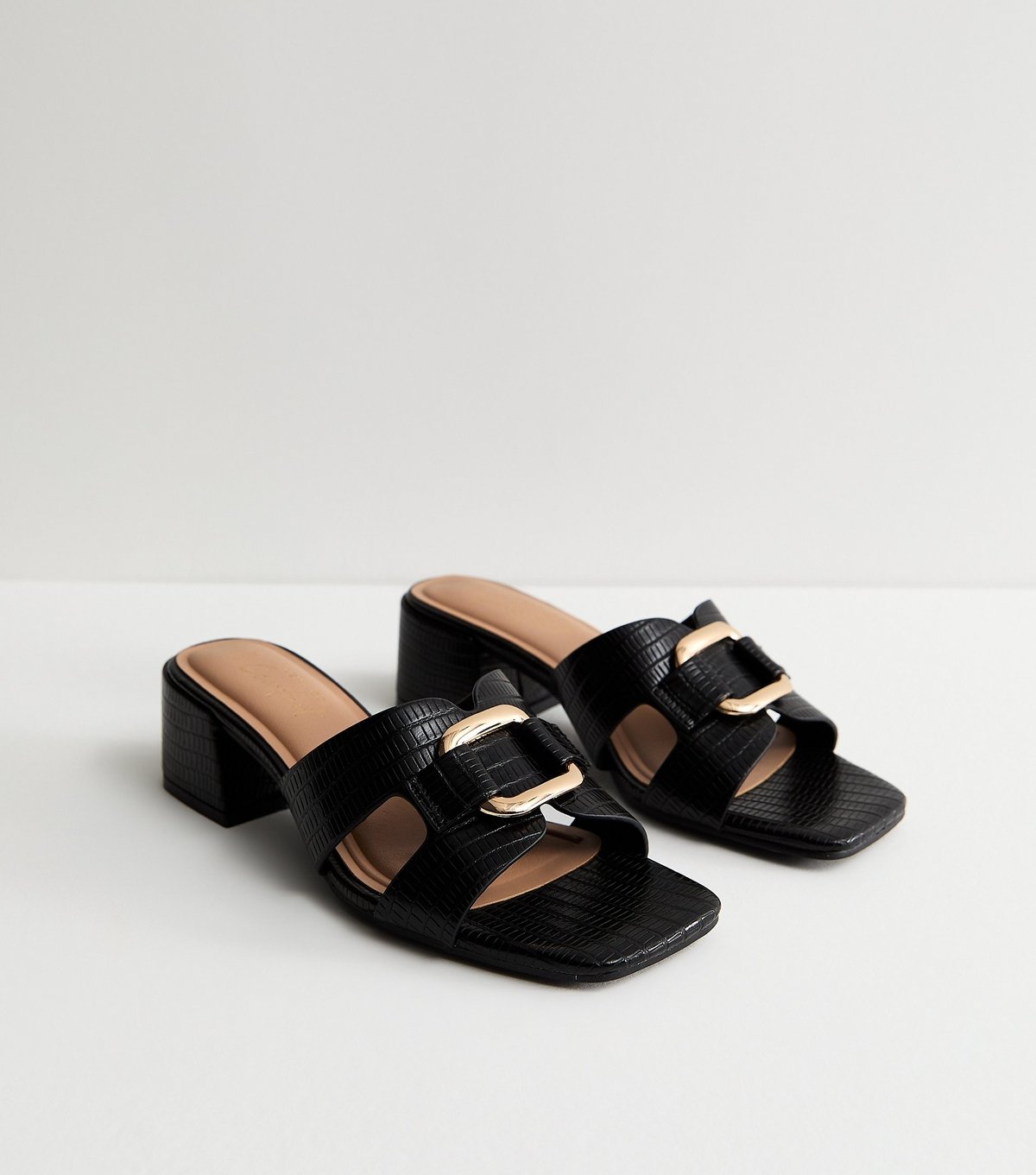 New Look Women's Black Faux Leather Square Toe Block Heel Mule Sandals Vegan New Look - 3