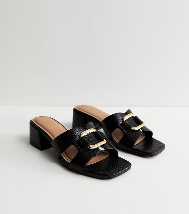 New Look Women's Black Faux Leather Square Toe Block Heel Mule Sandals Vegan New Look - 3