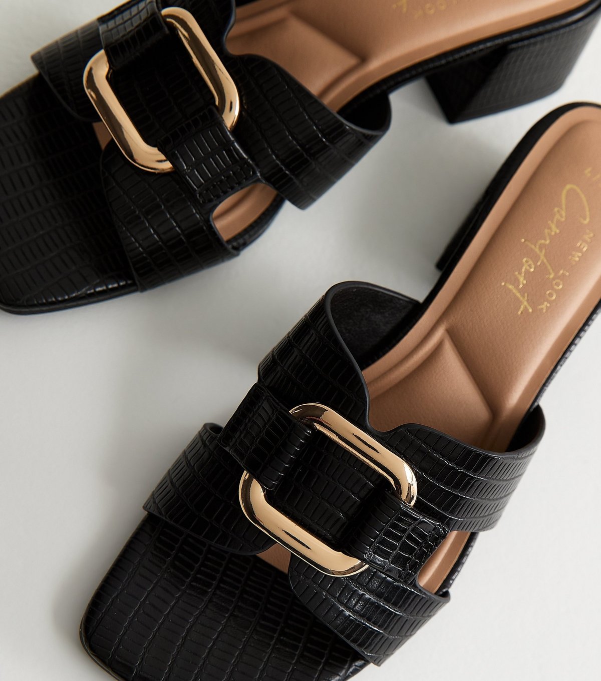 New Look Women's Black Faux Leather Square Toe Block Heel Mule Sandals Vegan New Look - 4