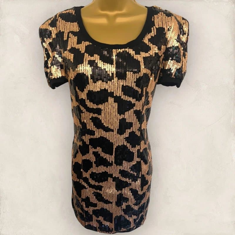 Miso Miso Womens Black Gold Sequin Mini Party Dress, Short Sleeves UK 12