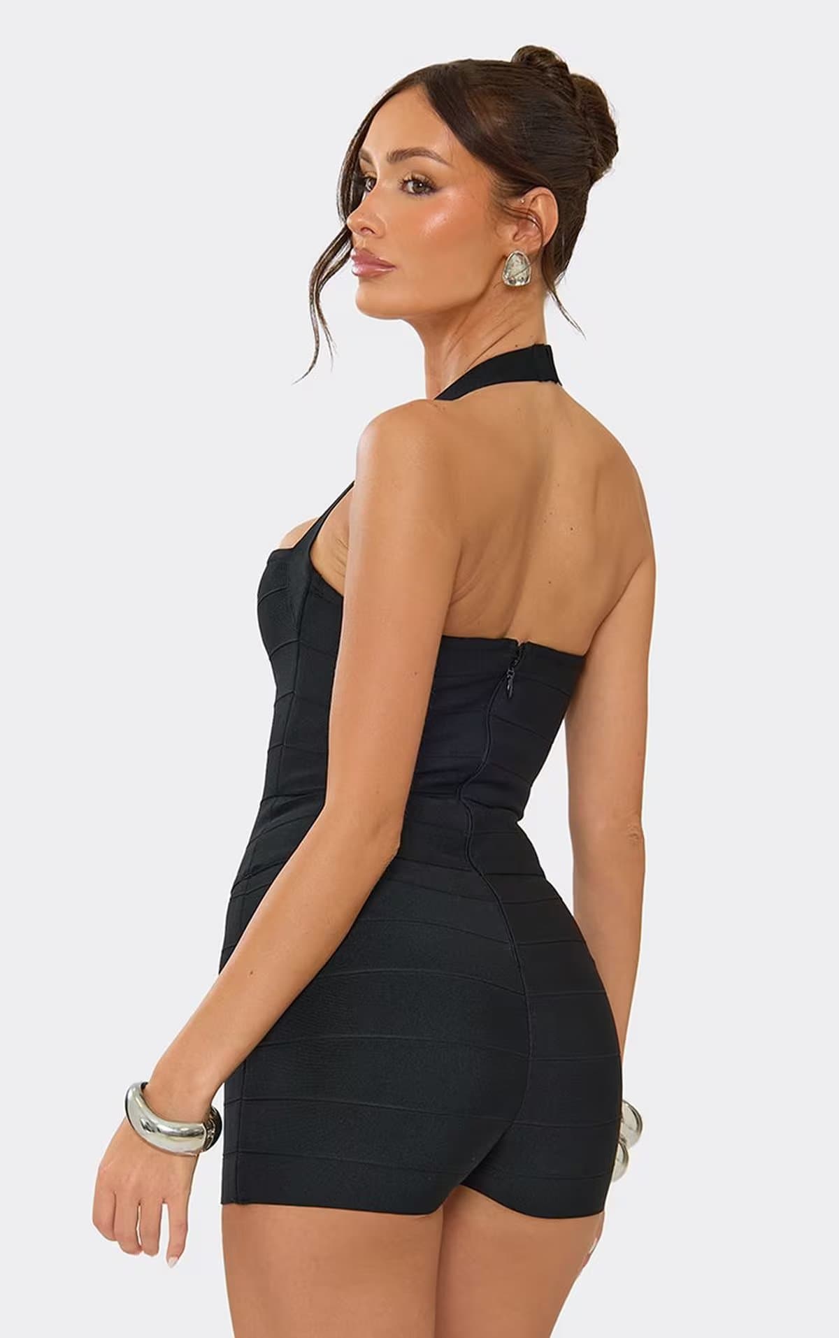 EGO Square Halterneck Playsuit In Black Bandage, Women's Size UK 6