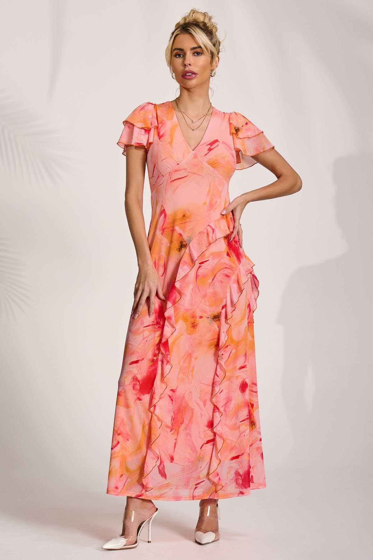 Jolie Moi Jolie Moi Women's Cap Sleeve Ruffle Mesh Maxi Dress in Orange
