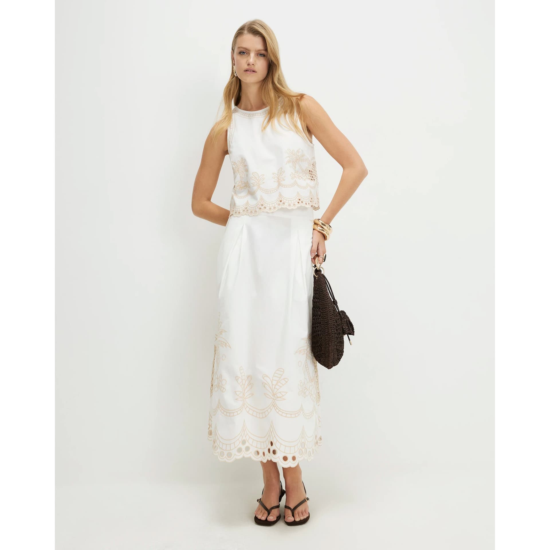 River Island River Island Womens White Cotton Cutwork Midi Skirt