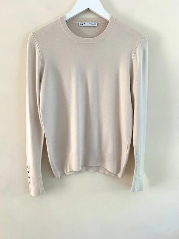 Zara 🌸 Zara Cream Fine Knit Jumper Gold Button Sleeve Detail Long Sleeve Soft Knit XL UK 16 18