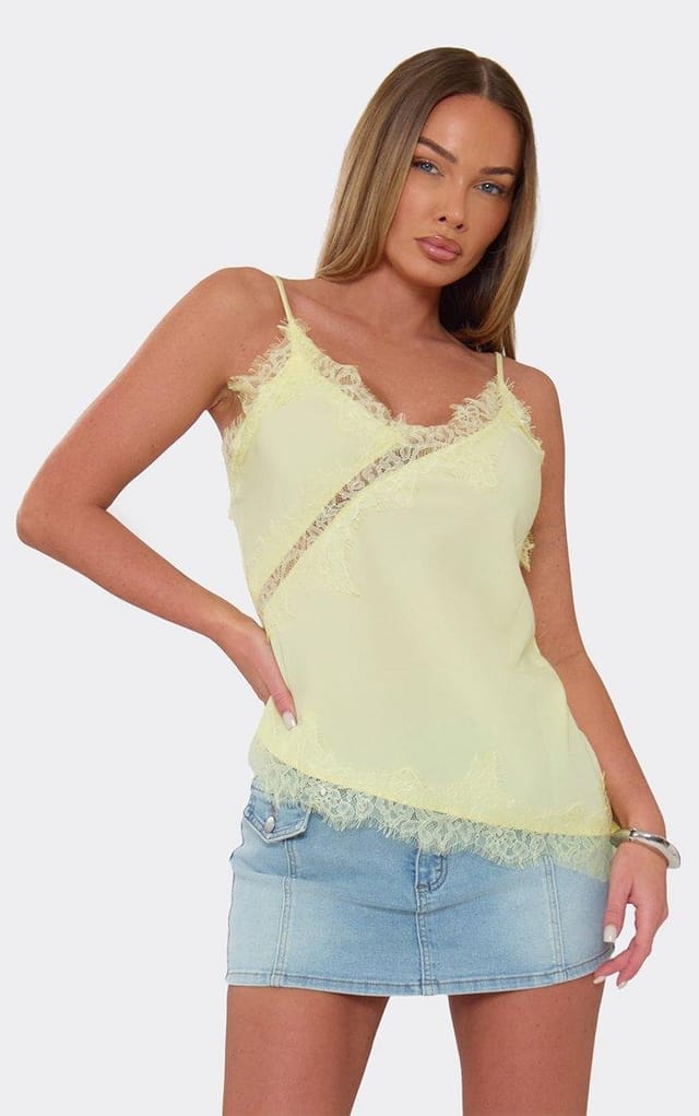 EGO Strappy Lace Trim Detail Asymmetric Top In Lemon, Women's Size UK L - 2