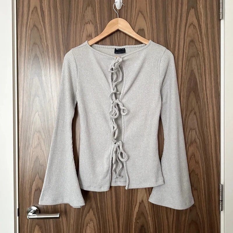 ASOS Asos Grey Soft Ribbed Tie Front Long Sleeve Flute Flare Sleeve Top Size Small - 1