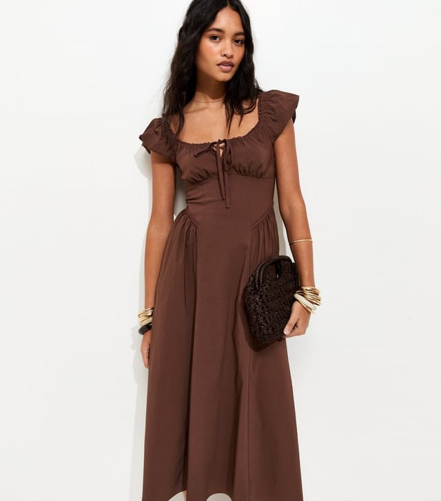 New Look Women's Dark Brown Lace Trim Milkmaid Midi Dress New Look - 2