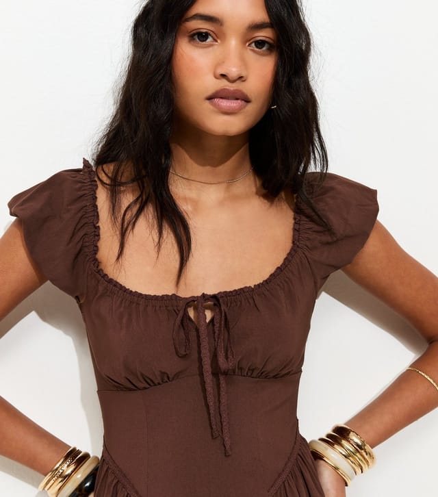 New Look Women's Dark Brown Lace Trim Milkmaid Midi Dress New Look - 3
