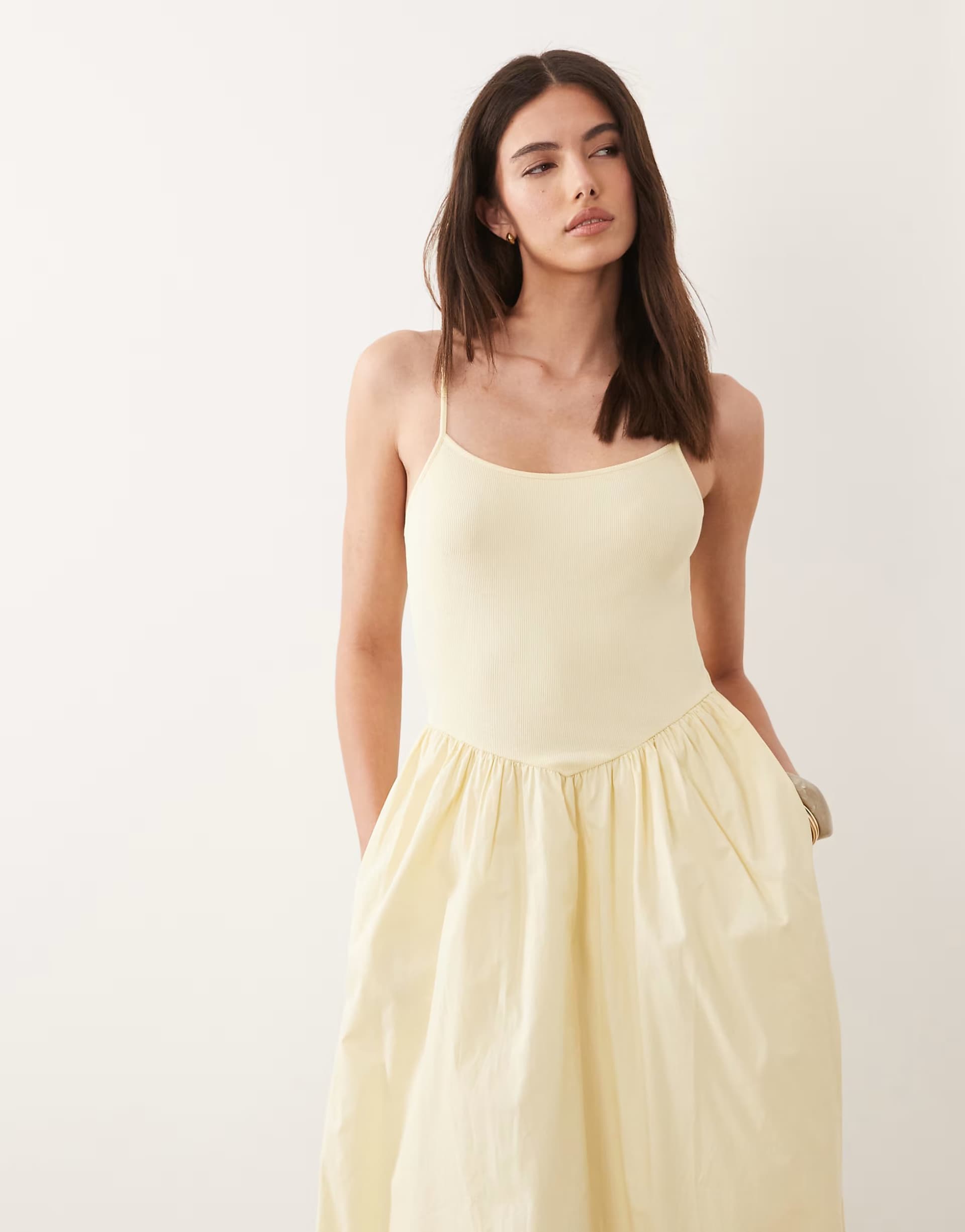 ASOS Nobody's Child Madelyn ribbed bodice ruched skirt cami midi dress in yellow