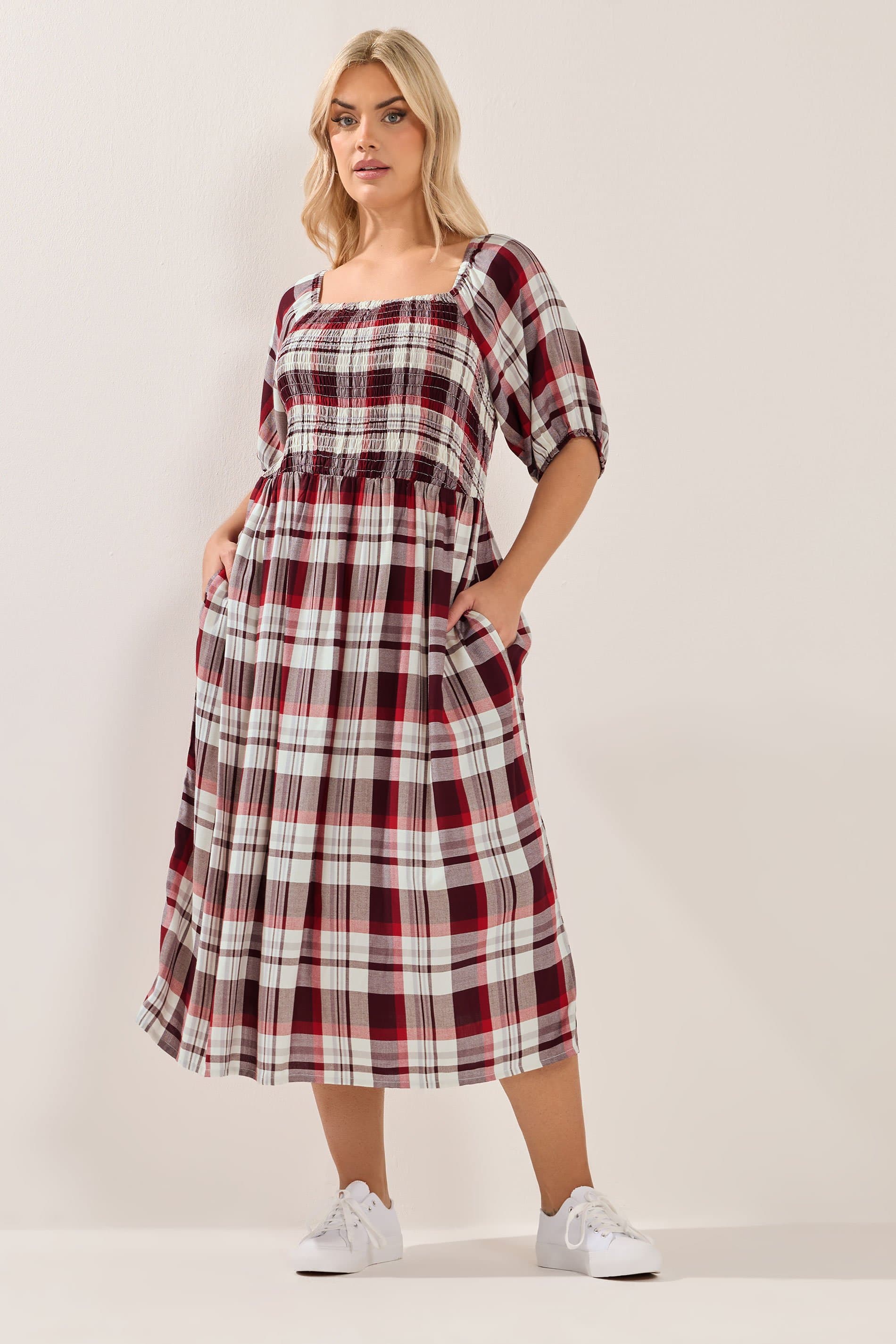 Yours Plus Size Red Check Shirred Maxi Dress