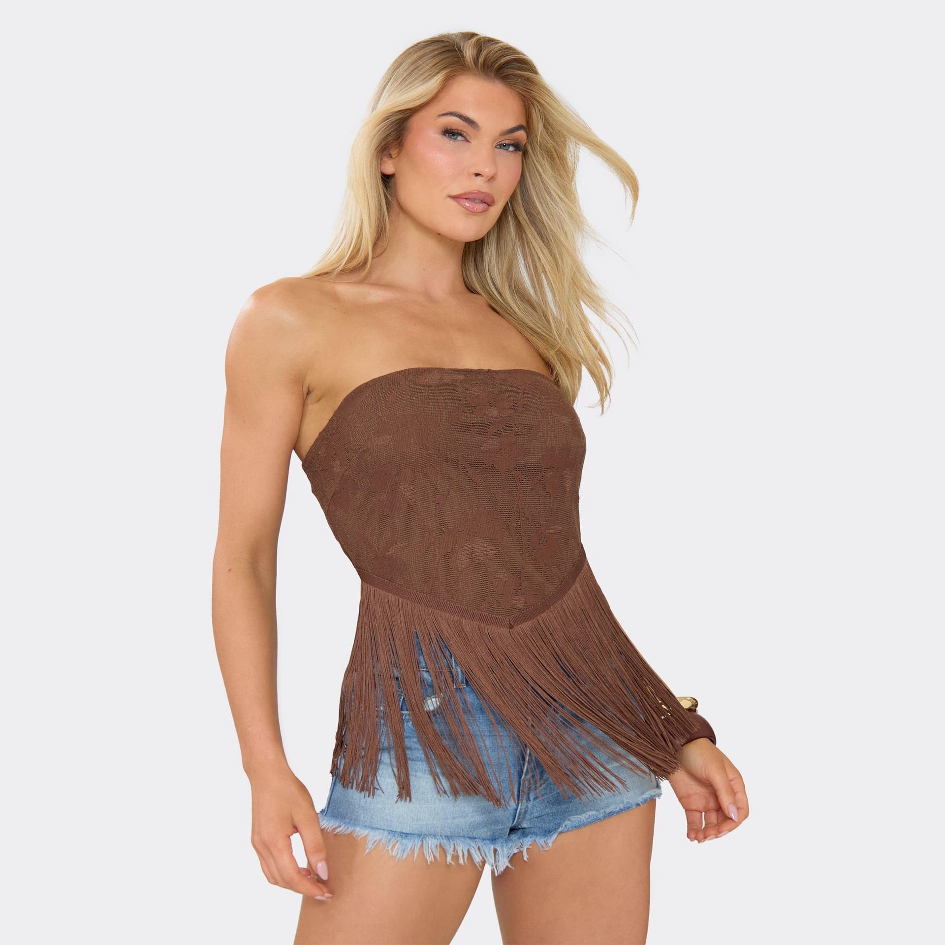 EGO Bandeau Fringed Tassel Top In Brown Lace, Women's Size UK 6