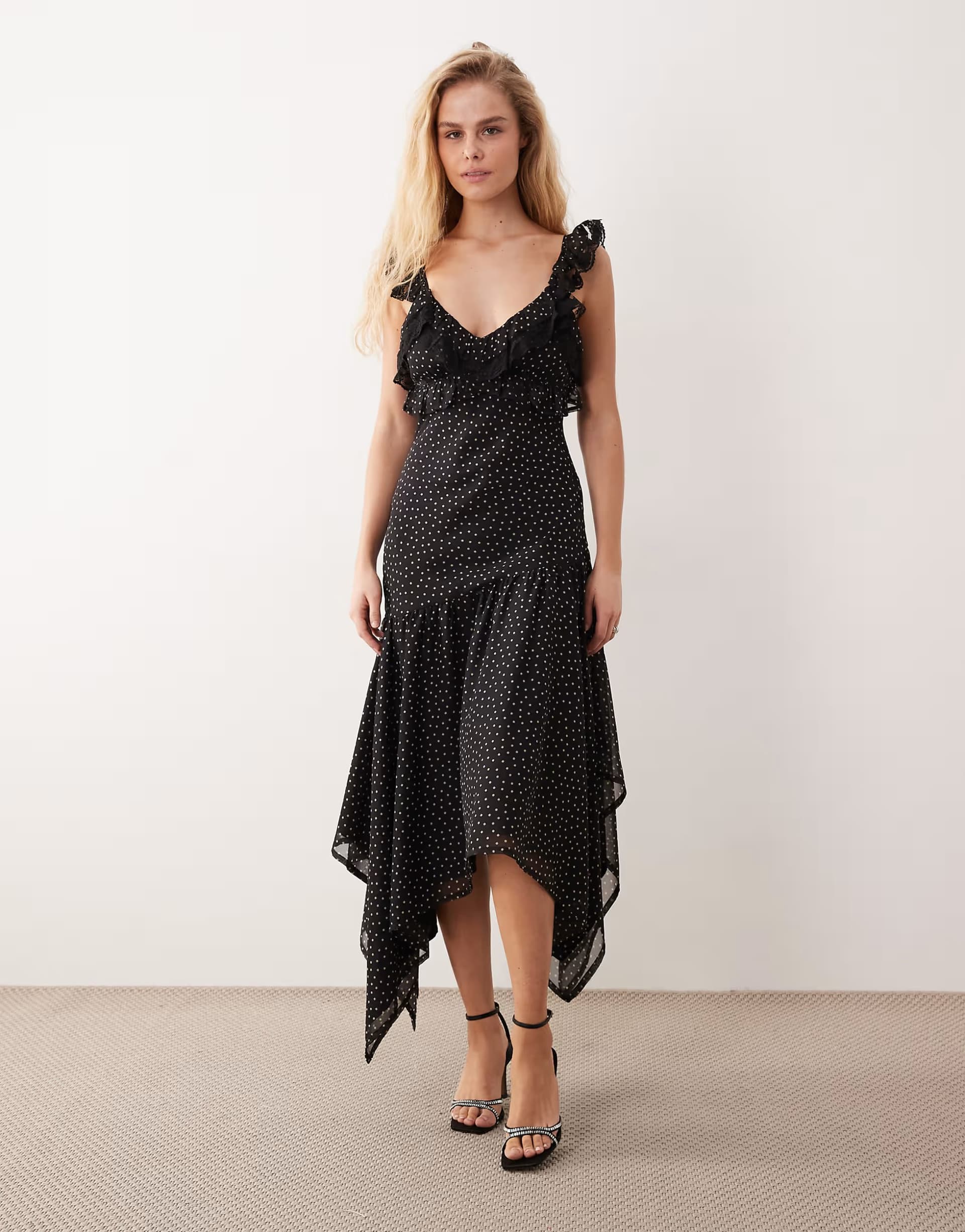 ASOS Miss Selfridge ruffle hanky hem chiffon maxi dress in polka dot
