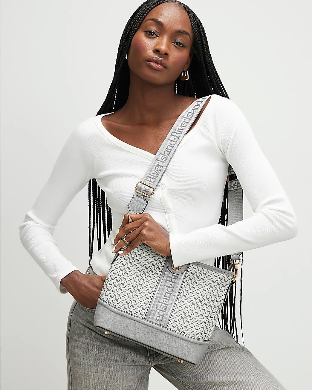 River Island River Island Womens Grey Monogram Webbed Front Bucket Bag