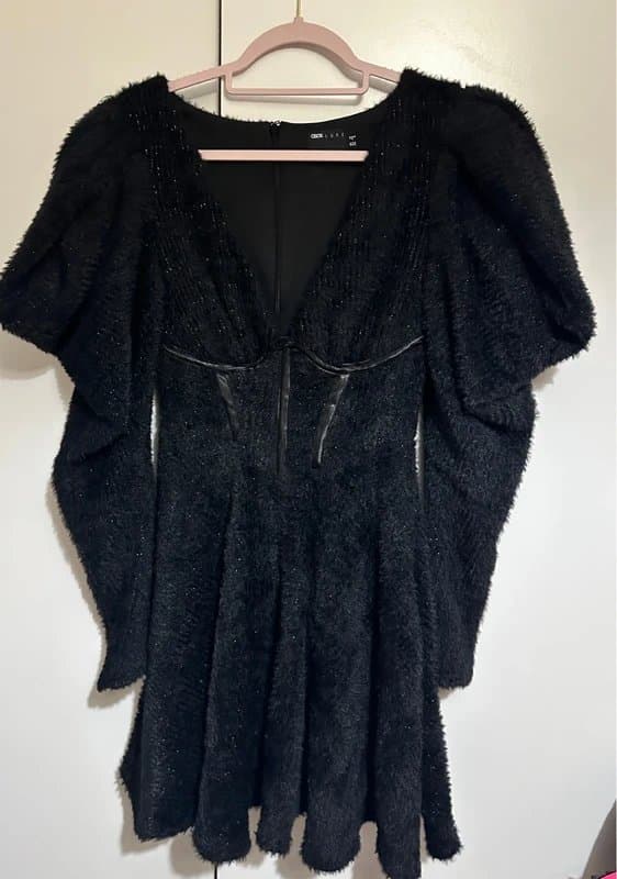 ASOS ASOS Luxe fluffy knitted corsetted dress with flippy skirt in black size 12
