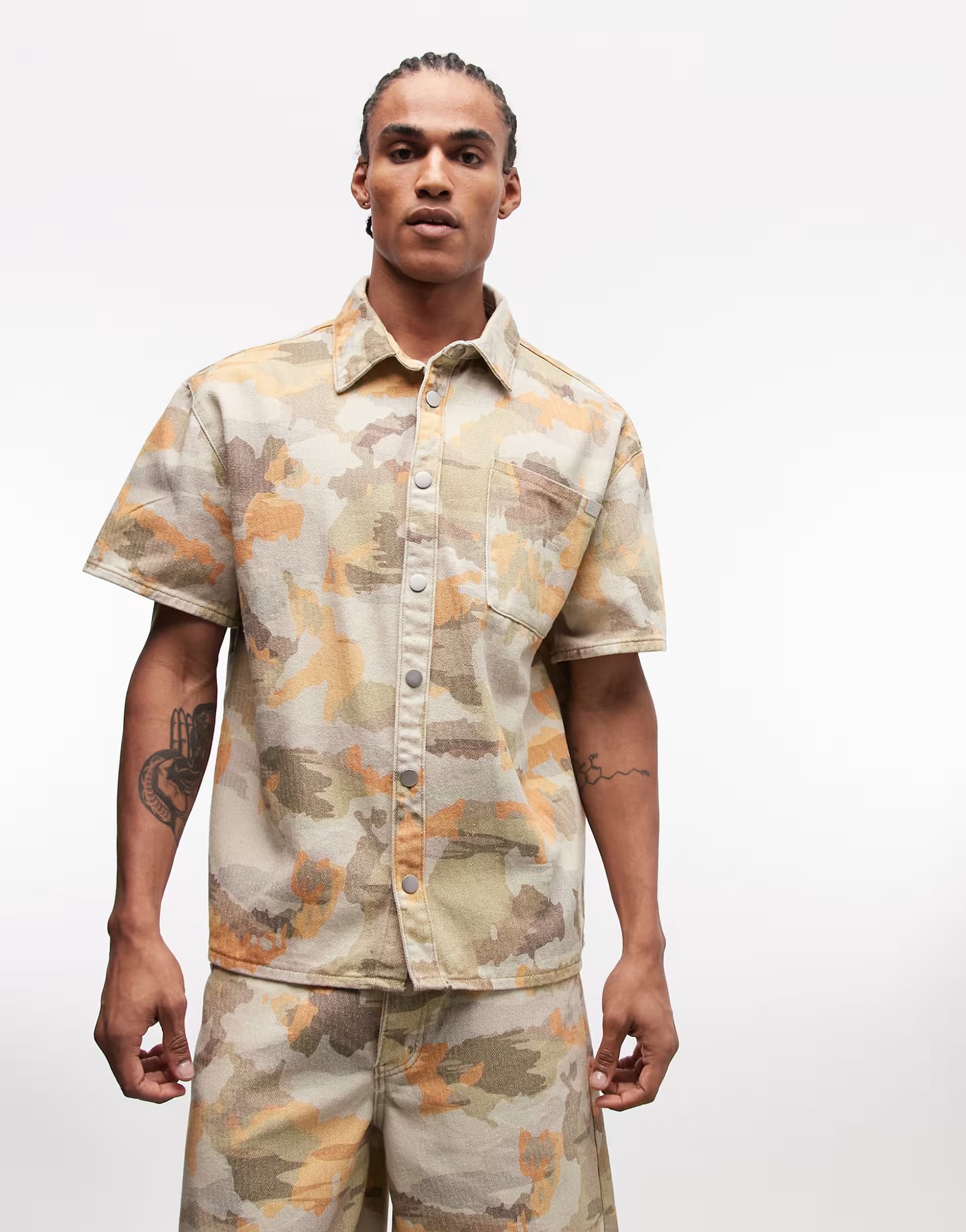 ASOS Liquor N Poker boxy denim shirt co-ord in pixel camo