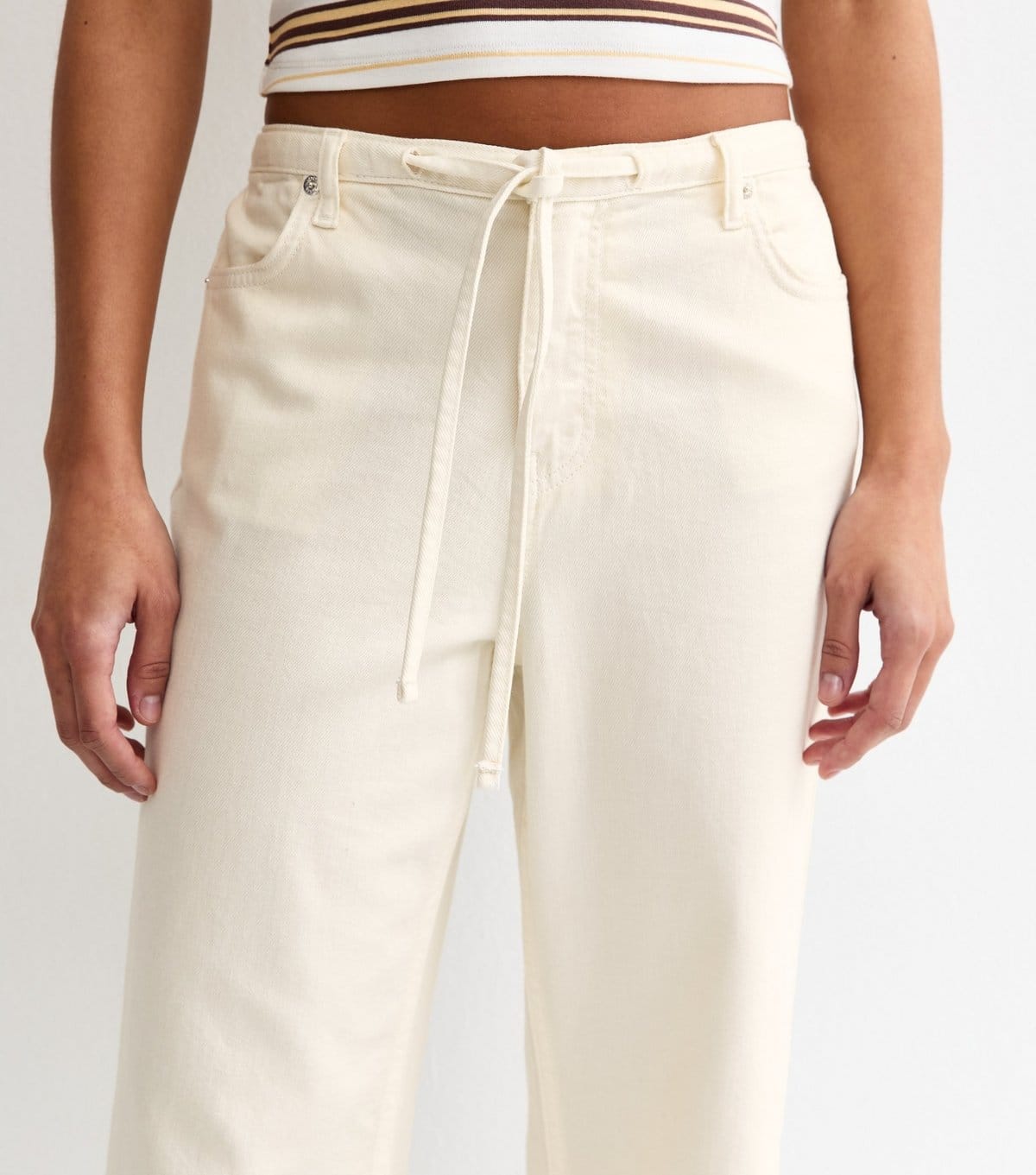 New Look Women's Off White Tie Waist Wide Leg Jeans New Look - 4